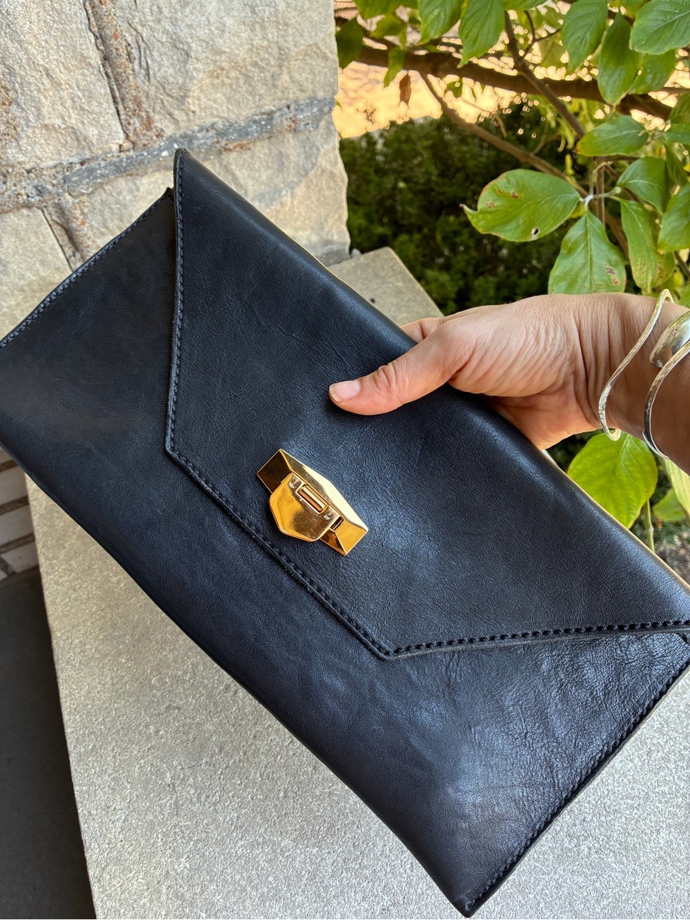Black Leather Envelope Clutch - Hand Stitched